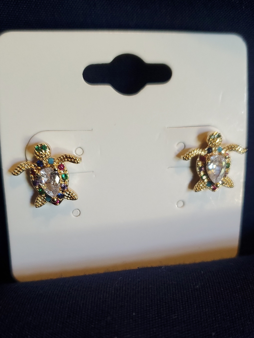 14k Gold Filled Turtle Stud Earrings with Crystal Accents - Women Jewelry